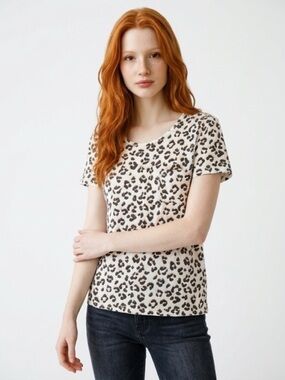 Lucky Brand Leopard Print Tee Womens XL Animal Print Pocket T Shirt Casual Top
